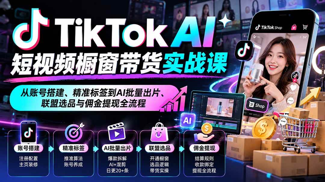 (20725期)TikTok AI短视频橱窗带货实战课:从账号搭建、精准标签到AI批量出片、联盟选品与佣金提现全流程 (20725期)TikTok AI短视频橱窗带货实战课:从账号搭建、精准标签到AI批量出片、联盟选品与佣金提现全流程