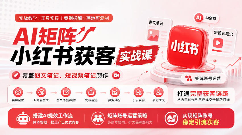 AI矩阵小红书获客实战课,覆盖图文笔记、短视频笔记制作,打通完整获客链路,搭建AI提效工作流,实现矩阵账号稳定引流获客 AI矩阵小红书获客实战课,覆盖图文笔记、短视频笔记制作,打通完整获客链路,搭建AI提效工作流,实现矩阵账号稳定引流获客