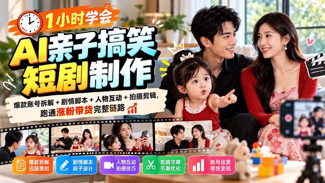 （20807期）1小时学会AI亲子搞笑短剧制作：爆款账号拆解+剧情脚本+人物互动+拍摄剪辑，跑通涨粉带货完整链路