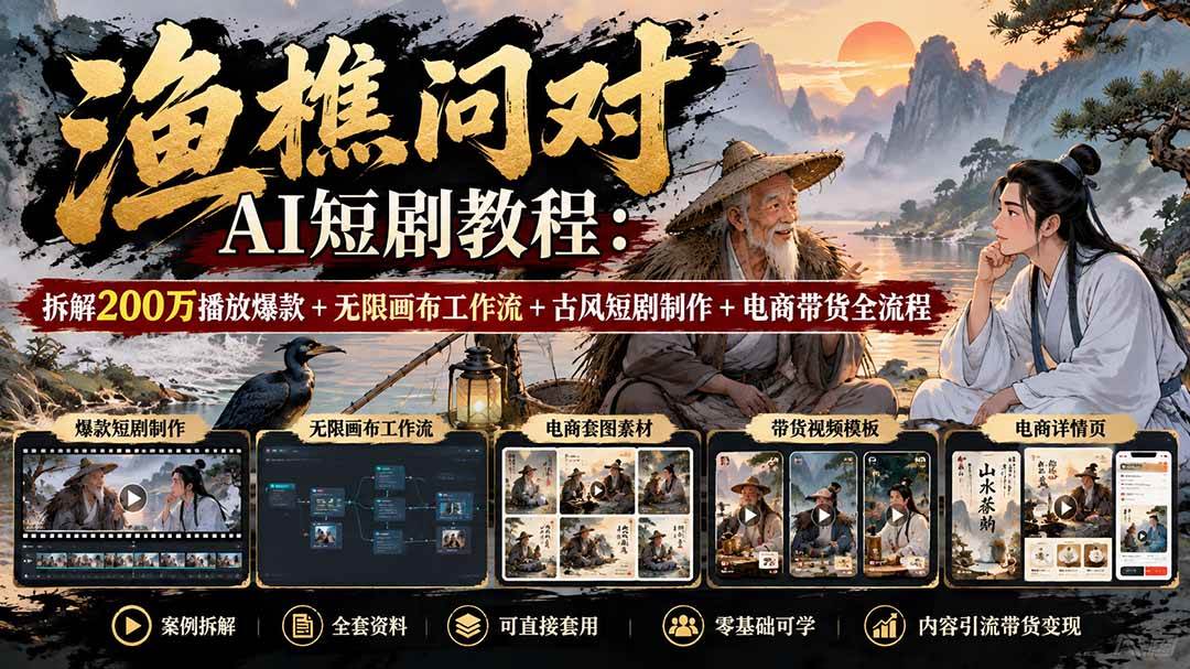 （20772期）【无水印】渔樵问对AI短剧教程：拆解200万播放爆款+无限画布工作流+古风短剧制作+电商带货全流程