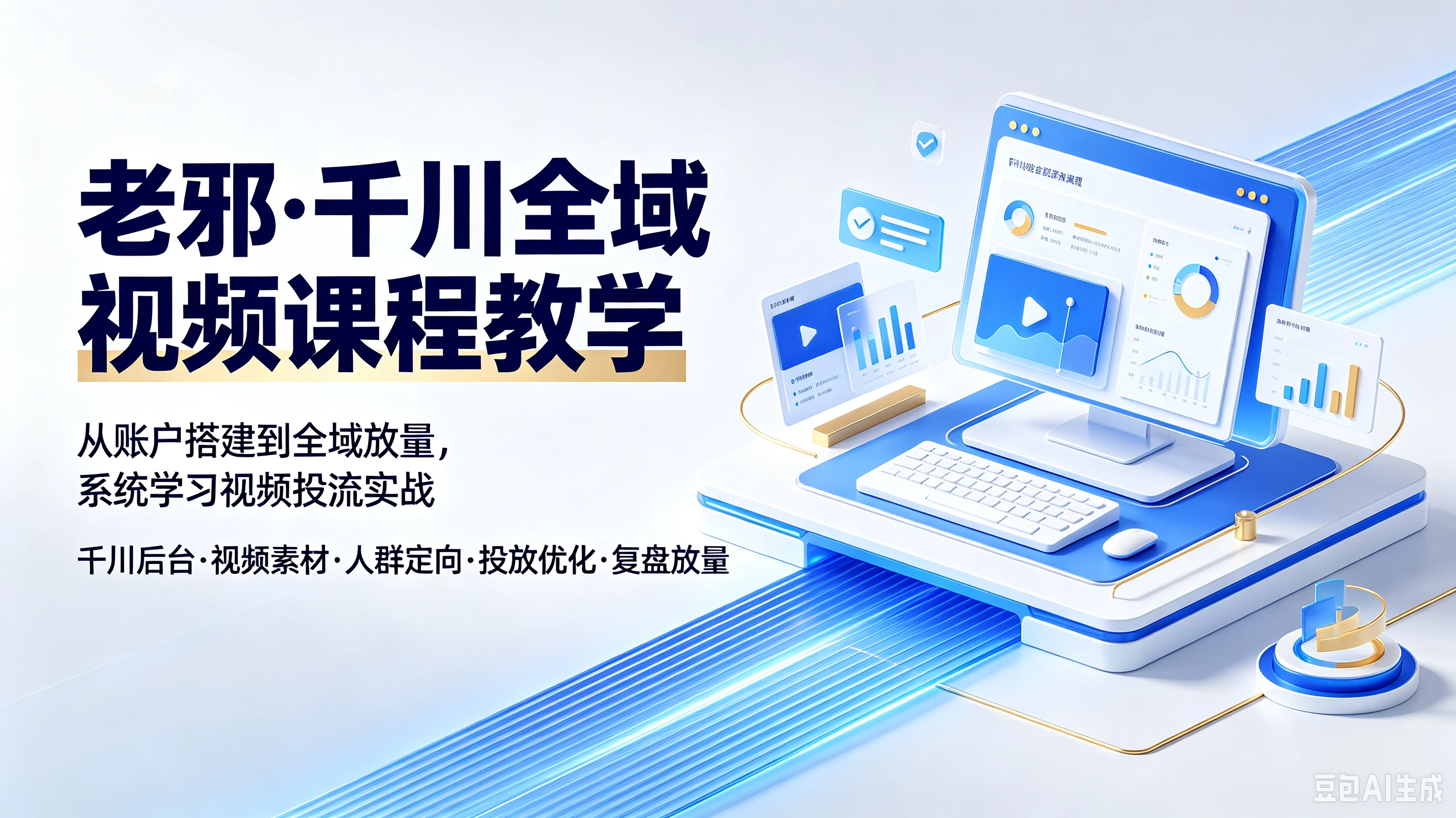 【精】老邪·千川全域视频课程教学，从账户搭建到全域放量，系统学习视频投流实战，千川后台、视频素材、人群定向、投放优化、复盘放量