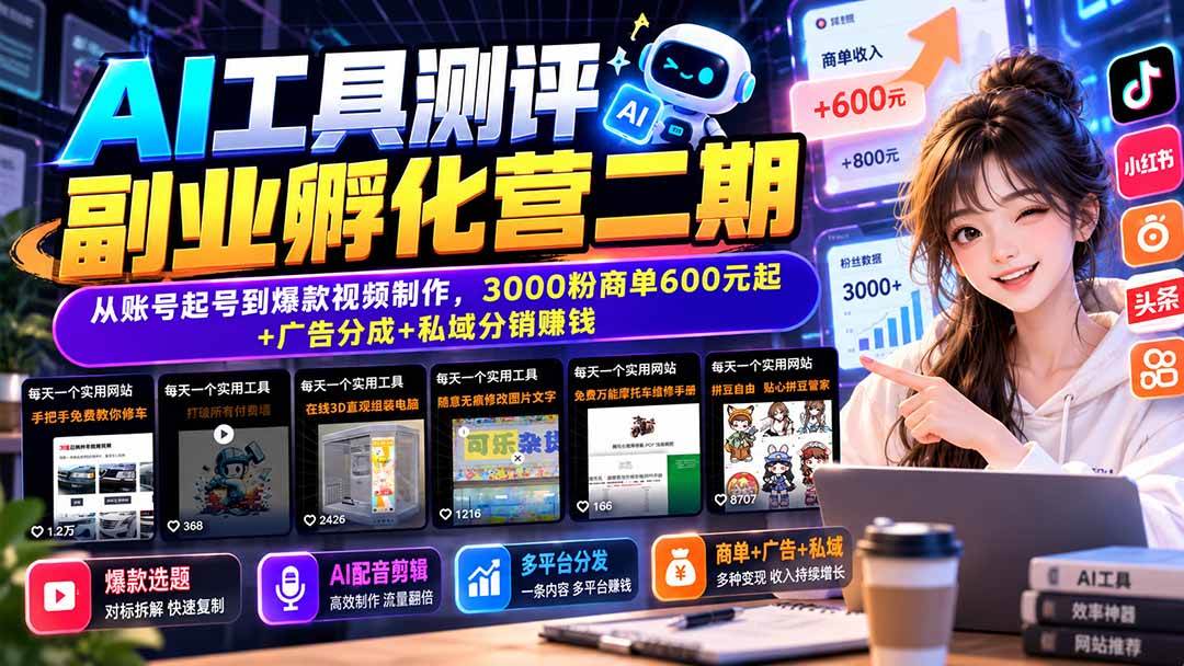 （20799期）AI工具测评副业孵化营二期：从账号起号到爆款视频制作，3000粉商单600元起+广告分成+私域分销赚钱