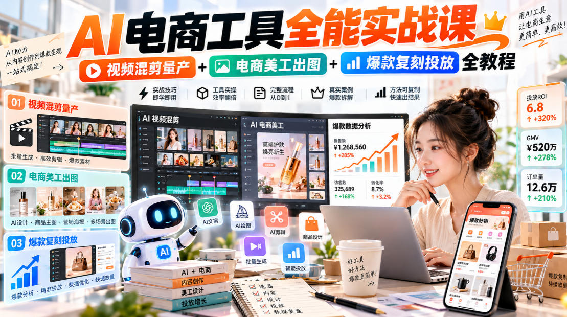 AI电商工具全能实战教学，视频混剪量产+电商美工出图+爆款复刻投放全教程