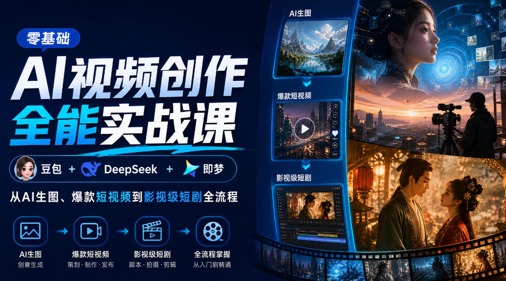 零基础AI视频创作全能实战课|豆包+DeepSeek+即梦,从AI生图、爆款短视频到影视级短剧全流程 零基础AI视频创作全能实战课|豆包+DeepSeek+即梦,从AI生图、爆款短视频到影视级短剧全流程