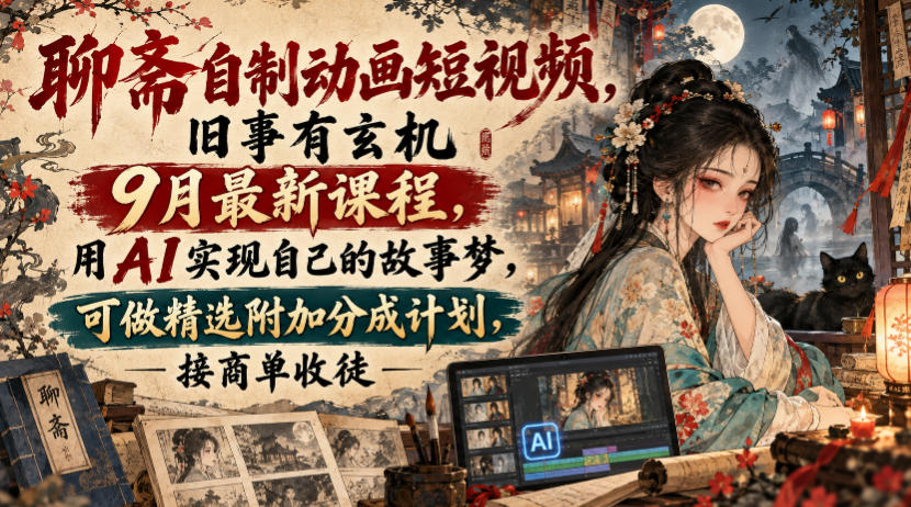 聊斋自制动画短视频，旧事有玄机9月最新课程，用AI实现自己的故事梦，可做精选附加分成计划，接商单收徒