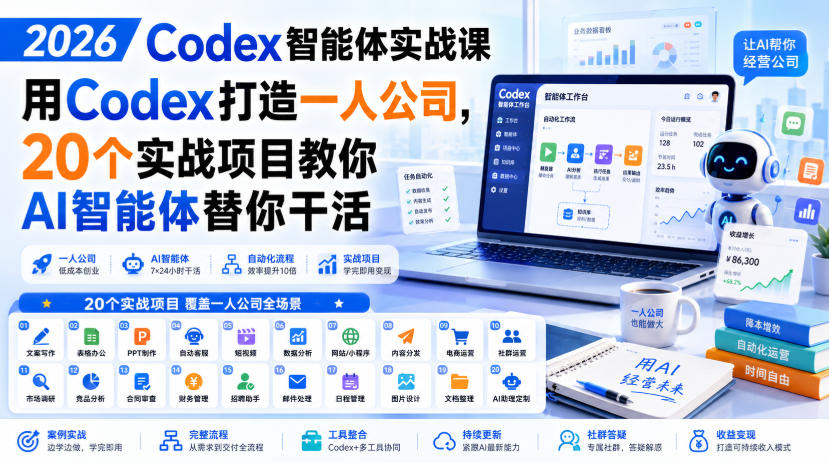 2026 Codex智能体实战课,用Codex打造一人公司,20个实战项目教你AI智能体替你干活 2026 Codex智能体实战课,用Codex打造一人公司,20个实战项目教你AI智能体替你干活