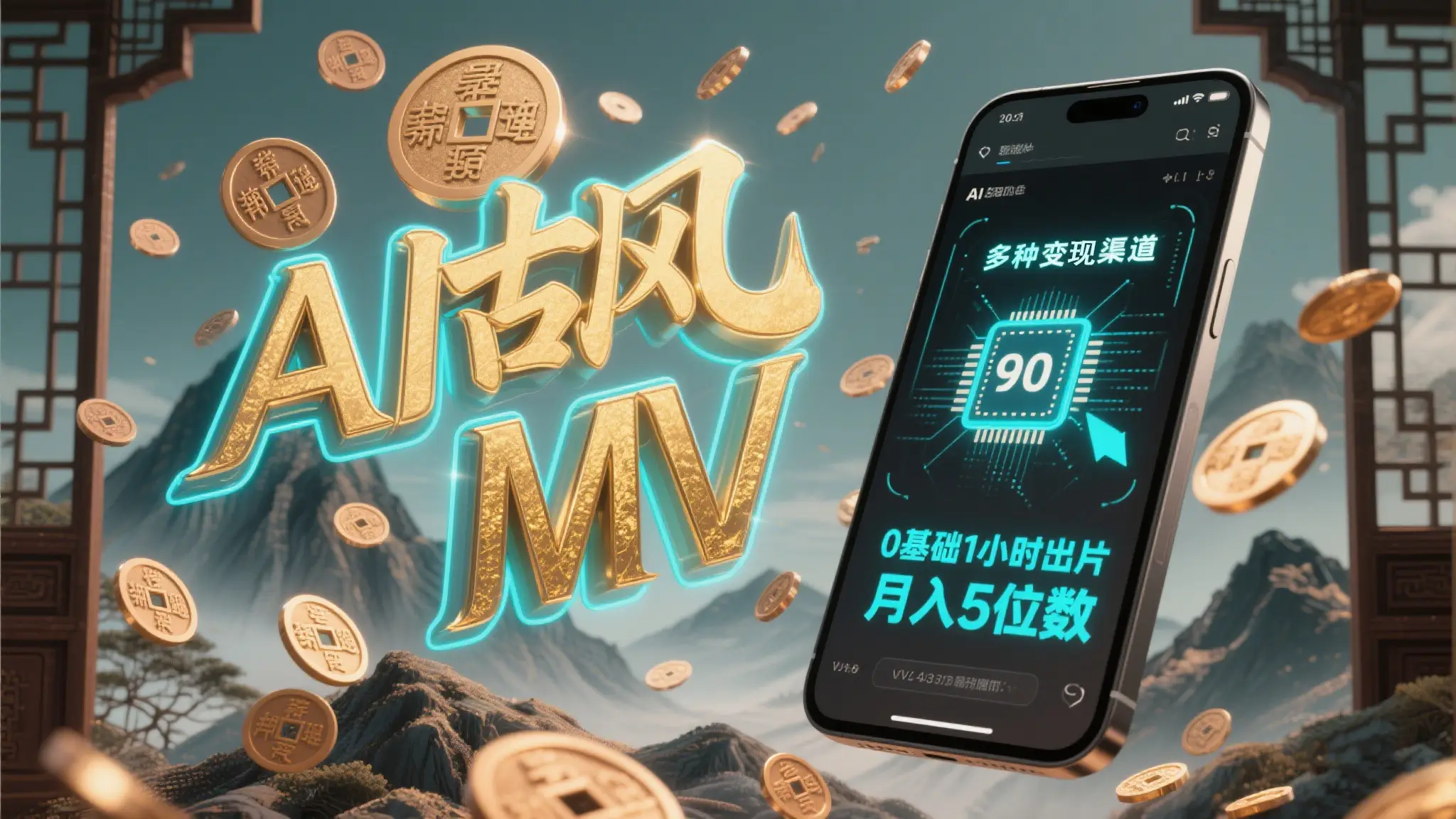 AI一键生成古风音乐MV，0剪辑基础1小时出片，多种变现渠道，一部手机月入5位数