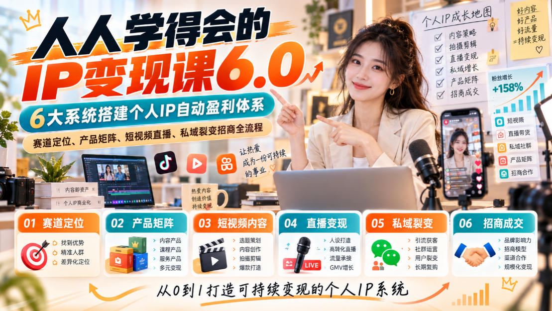 人人学得会的IP变现课6.0,6大系统搭建个人IP自动盈利体系,赛道定位、产品矩阵、短视频直播、私域裂变招商全流程 人人学得会的IP变现课6.0,6大系统搭建个人IP自动盈利体系,赛道定位、产品矩阵、短视频直播、私域裂变招商全流程