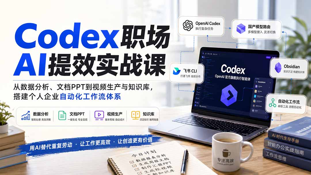 【精】Codex职场AI提效实战课:从数据分析、文档PPT到视频生产与知识库,搭建个人企业自动化工作流体系 【精】Codex职场AI提效实战课:从数据分析、文档PPT到视频生产与知识库,搭建个人企业自动化工作流体系