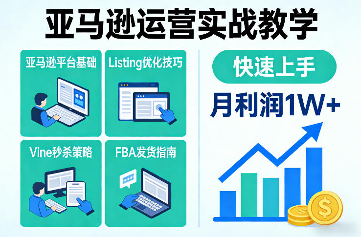 亚马逊运营实战教学，亚马逊平台+Listing优化+Vine秒杀+FBA发货等，快速上手，实现店铺月利润1W
