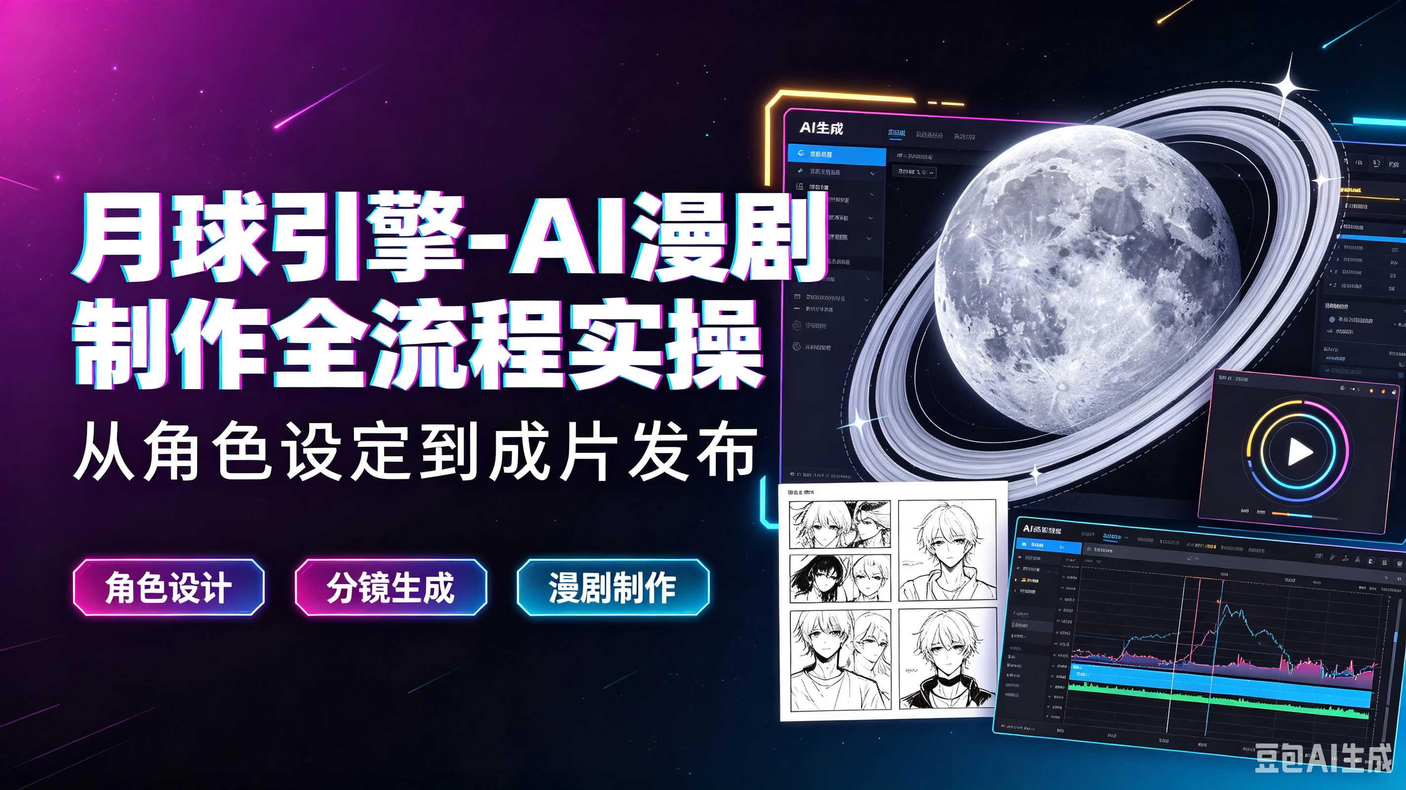 【精】月球引擎-AI漫剧制作全流程实操从角色设定到成片发布，角色设计、分镜生成、漫剧制作