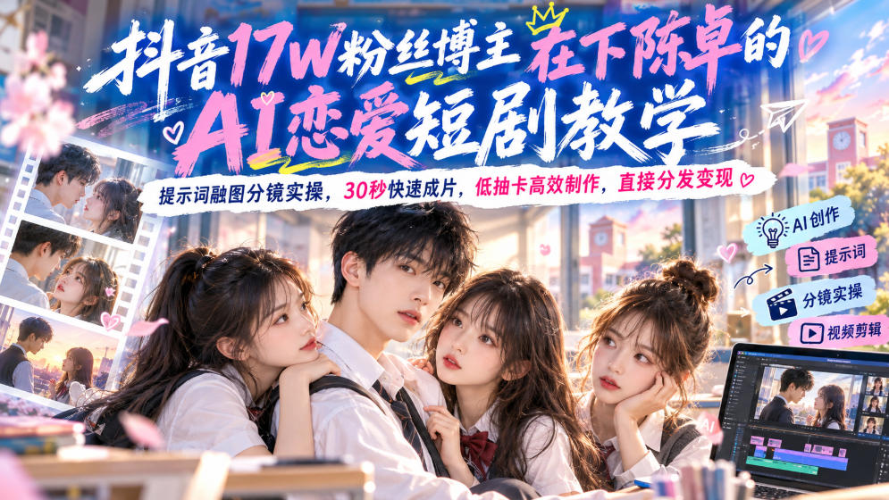 【精】抖音17W粉丝博主在下陈卓的AI恋爱短剧教学,提示词融图分镜实操,30秒快速成片,低抽卡高效制作,直接分发变现 【精】抖音17W粉丝博主在下陈卓的AI恋爱短剧教学,提示词融图分镜实操,30秒快速成片,低抽卡高效制作,直接分发变现
