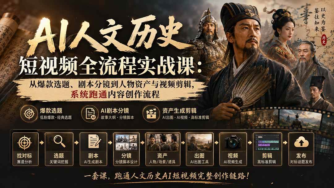 (20476期)AI人文历史短视频全流程实战课-更新:从爆款选题、剧本分镜到人物资产与视频剪辑,系统跑通内容创作流程 (20476期)AI人文历史短视频全流程实战课-更新:从爆款选题、剧本分镜到人物资产与视频剪辑,系统跑通内容创作流程