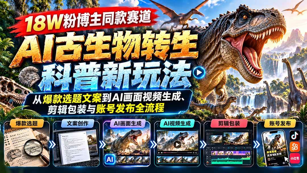 (20833期)18W粉博主同款赛道-AI古生物转生科普新玩法:从爆款选题文案到AI画面视频生成、剪辑包装与账号发布全流程 (20833期)18W粉博主同款赛道-AI古生物转生科普新玩法:从爆款选题文案到AI画面视频生成、剪辑包装与账号发布全流程