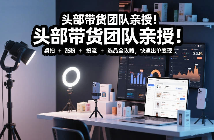【精】头部带货团队亲授！专业短视频实拍带货课：桌拍+涨粉+投流+选品全攻略，快速出单变现，月入2w+