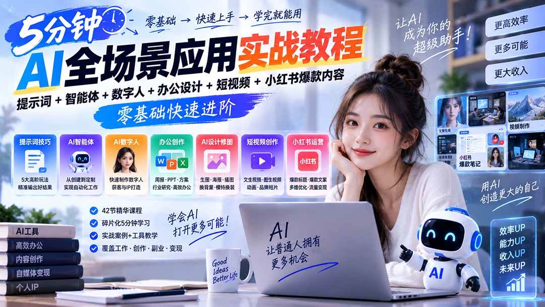 (20493期)AI全场景应用实战教程|提示词+智能体+数字人+办公设计+短视频+小红书爆款内容,零基础快速进阶 (20493期)AI全场景应用实战教程|提示词+智能体+数字人+办公设计+短视频+小红书爆款内容,零基础快速进阶