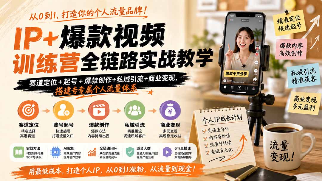【精】IP+爆款视频训练营全链路实战教学;赛道定位+起号+爆款创作+私域引流+商业变现,搭建专属个人流量体系 【精】IP+爆款视频训练营全链路实战教学;赛道定位+起号+爆款创作+私域引流+商业变现,搭建专属个人流量体系