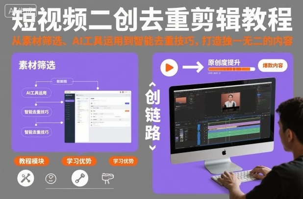 【精】短视频二创去重剪辑教程，从素材筛选、AI工具运用到智能去重技巧，打造独一无二的内容