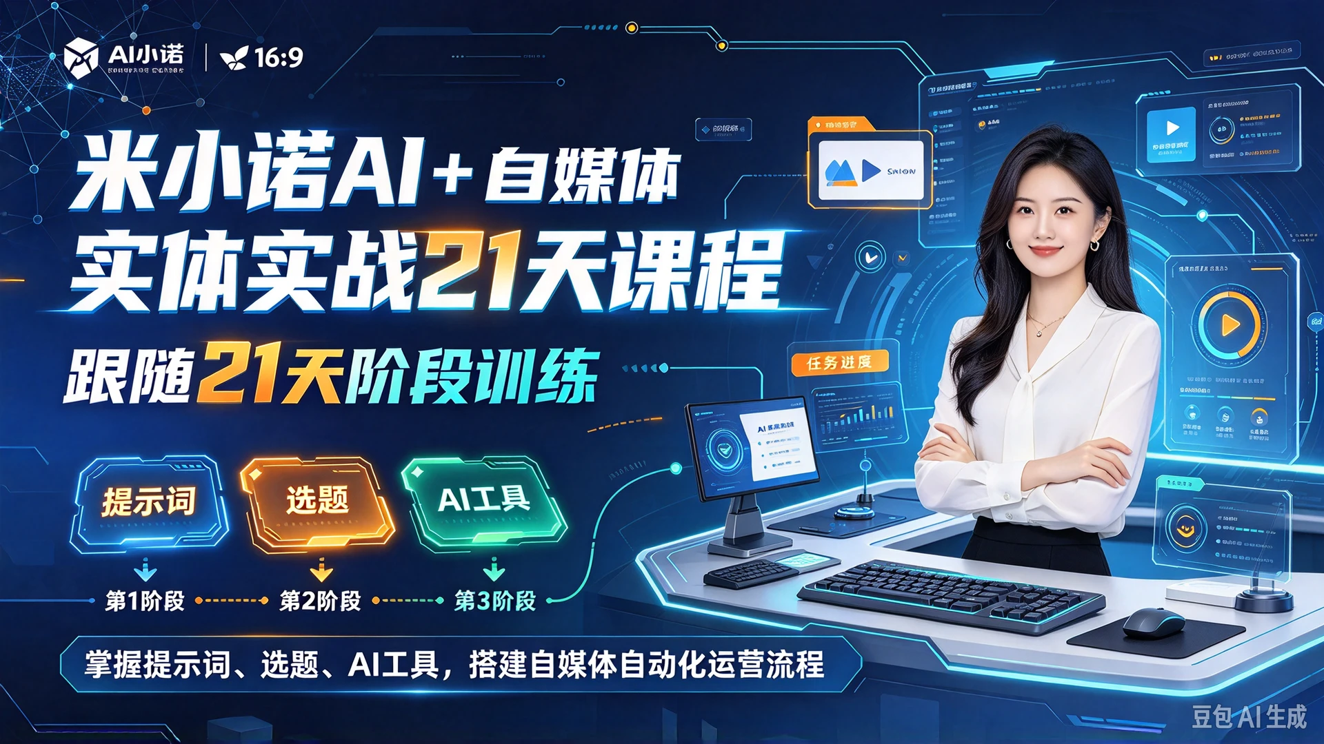 【精】米小诺AI + 自媒体实战21天课程，跟随21天阶段训练，掌握提示词、选题、AI工具，搭建自媒体自动化运营流程