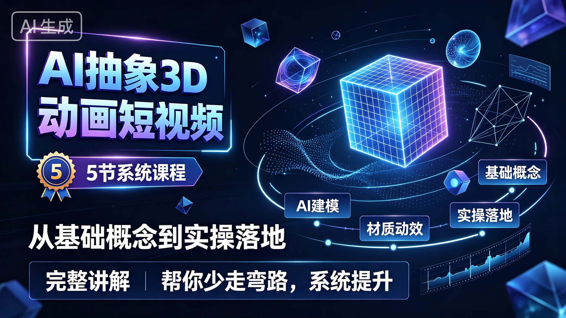 AI抽象3D动画短视频，5 节系统课程，从基础概念到实操落地完整讲解，帮你少走弯路系统提升