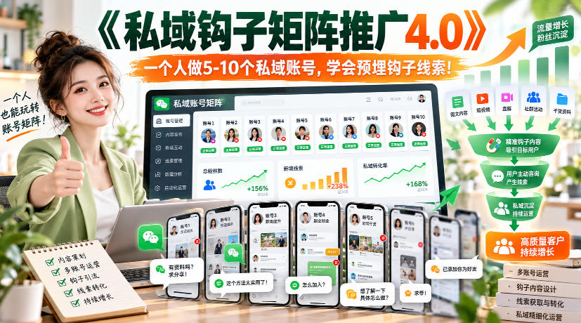 【无水印】《私域钩子矩阵推广4.0》一个人做5-10个私域账号,学会预埋钩子线索! 【无水印】《私域钩子矩阵推广4.0》一个人做5-10个私域账号,学会预埋钩子线索!