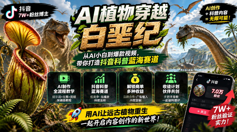 抖音7W粉丝博主的AI植物穿越白垩纪教学,抖音科普蓝海赛道,解锁商单收徒伙伴计划等多种收益 抖音7W粉丝博主的AI植物穿越白垩纪教学,抖音科普蓝海赛道,解锁商单收徒伙伴计划等多种收益