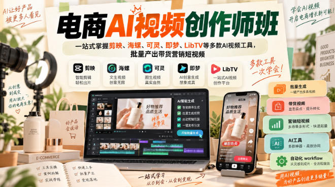 【精】电商AI视频创作师班，一站式掌握剪映、海螺、可灵、即梦、LibTV等多款AI视频工具，批量产出带货营销短视频