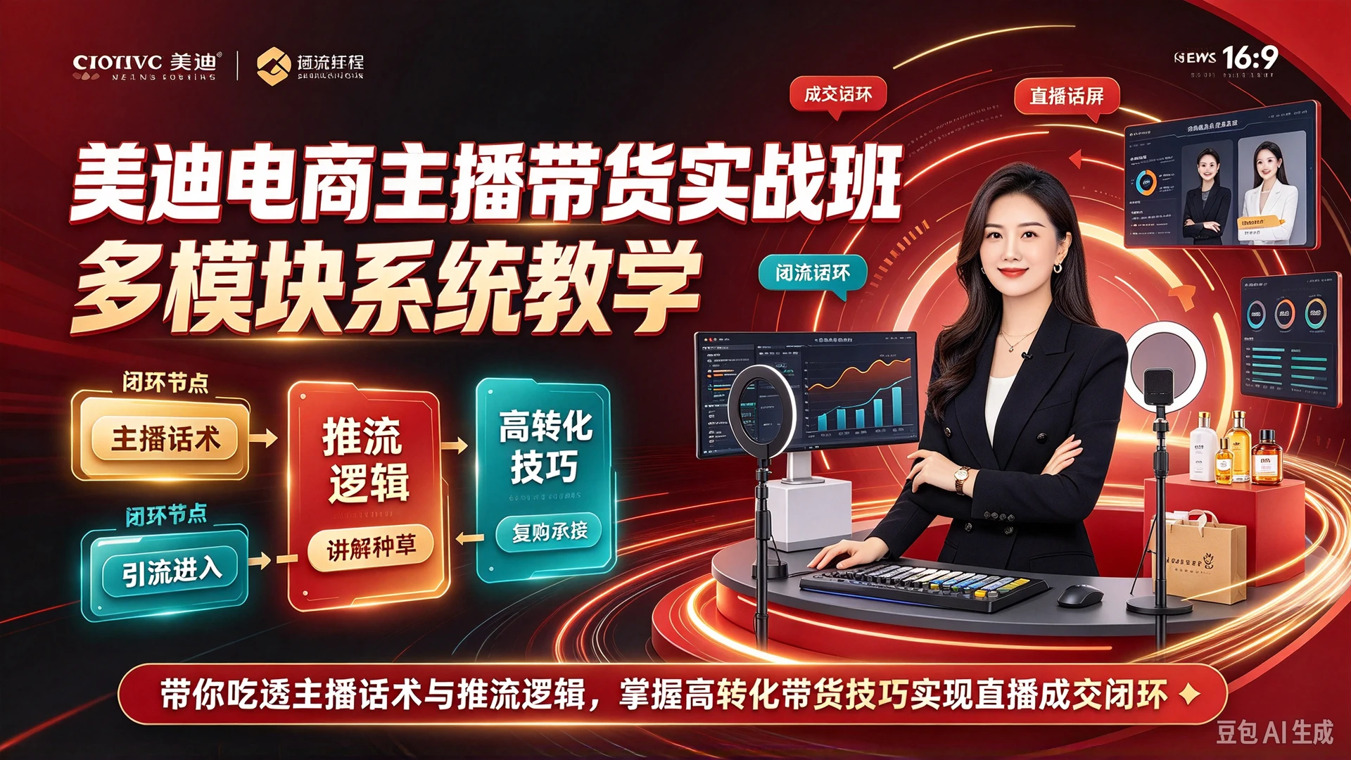 【精】美迪电商主播带货实战班，多模块系统教学，带你吃透主播话术与推流逻辑，掌握高转化带货技巧实现直播成交闭环