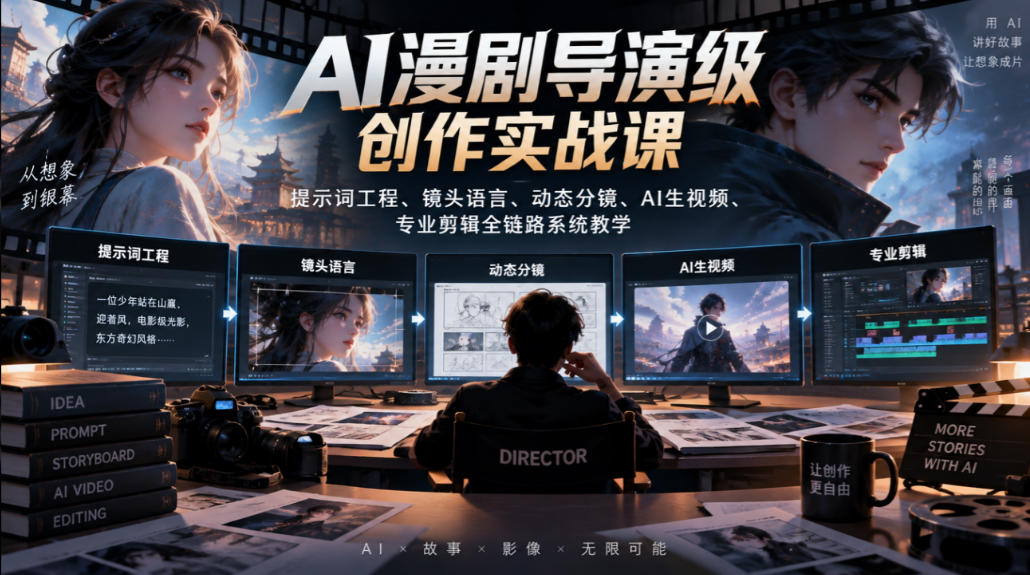 AI漫剧导演级创作实战课｜提示词工程、镜头语言、动态分镜、AI生视频、专业剪辑全链路系统教学