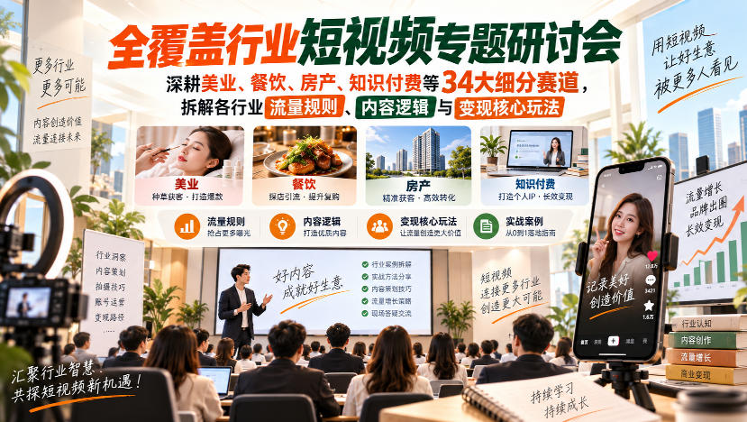 短视频专题研讨会,深耕美业、餐饮、房产、知识付费等34大细分赛道,拆解各行业流量规则、内容逻辑与变现核心玩法 短视频专题研讨会,深耕美业、餐饮、房产、知识付费等34大细分赛道,拆解各行业流量规则、内容逻辑与变现核心玩法