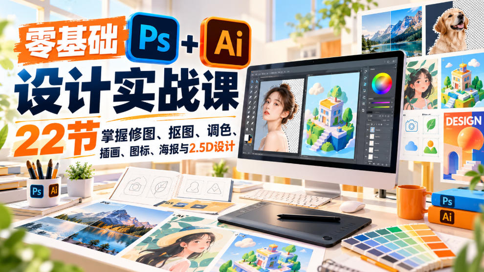 【无水印】零基础PS+AI设计实战课|22节掌握修图、抠图、调色、插画、图标、海报与2.5D设计 【无水印】零基础PS+AI设计实战课|22节掌握修图、抠图、调色、插画、图标、海报与2.5D设计