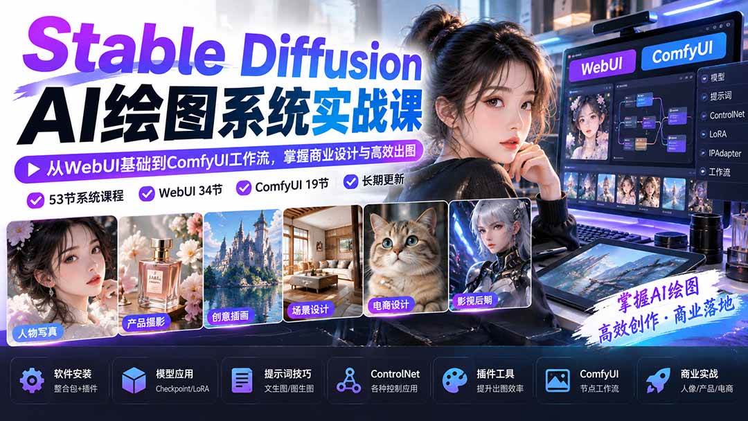 （20678期）Stable Diffusion AI绘图系统实战课：从WebUI基础到ComfyUI工作流，掌握商业设计与高效出图