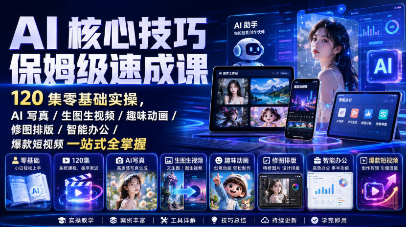 AI核心技巧保姆级速成课|120集零基础实操,AI写真/生图生视频/趣味动画/修图排版/智能办公/爆款短视频一站式全掌握 AI核心技巧保姆级速成课|120集零基础实操,AI写真/生图生视频/趣味动画/修图排版/智能办公/爆款短视频一站式全掌握