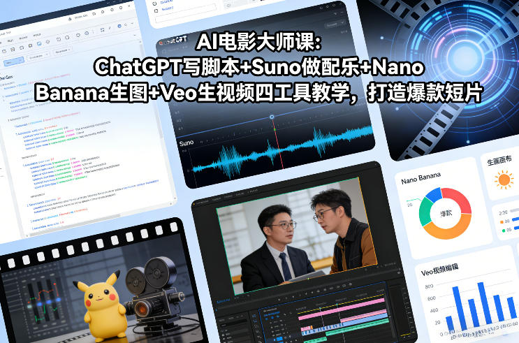 【精】AI电影大师课：ChatGPT写脚本+Suno做配乐+Nano Banana生图+Veo生视频，打造爆款短片