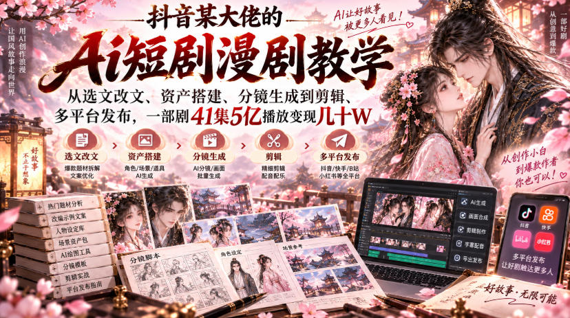 【精】抖音某大佬的Ai短剧漫剧教学,从选文改文、资产搭建、分镜生成到剪辑、多平台发布,一部剧41集5亿播放变现几十W 【精】抖音某大佬的Ai短剧漫剧教学,从选文改文、资产搭建、分镜生成到剪辑、多平台发布,一部剧41集5亿播放变现几十W
