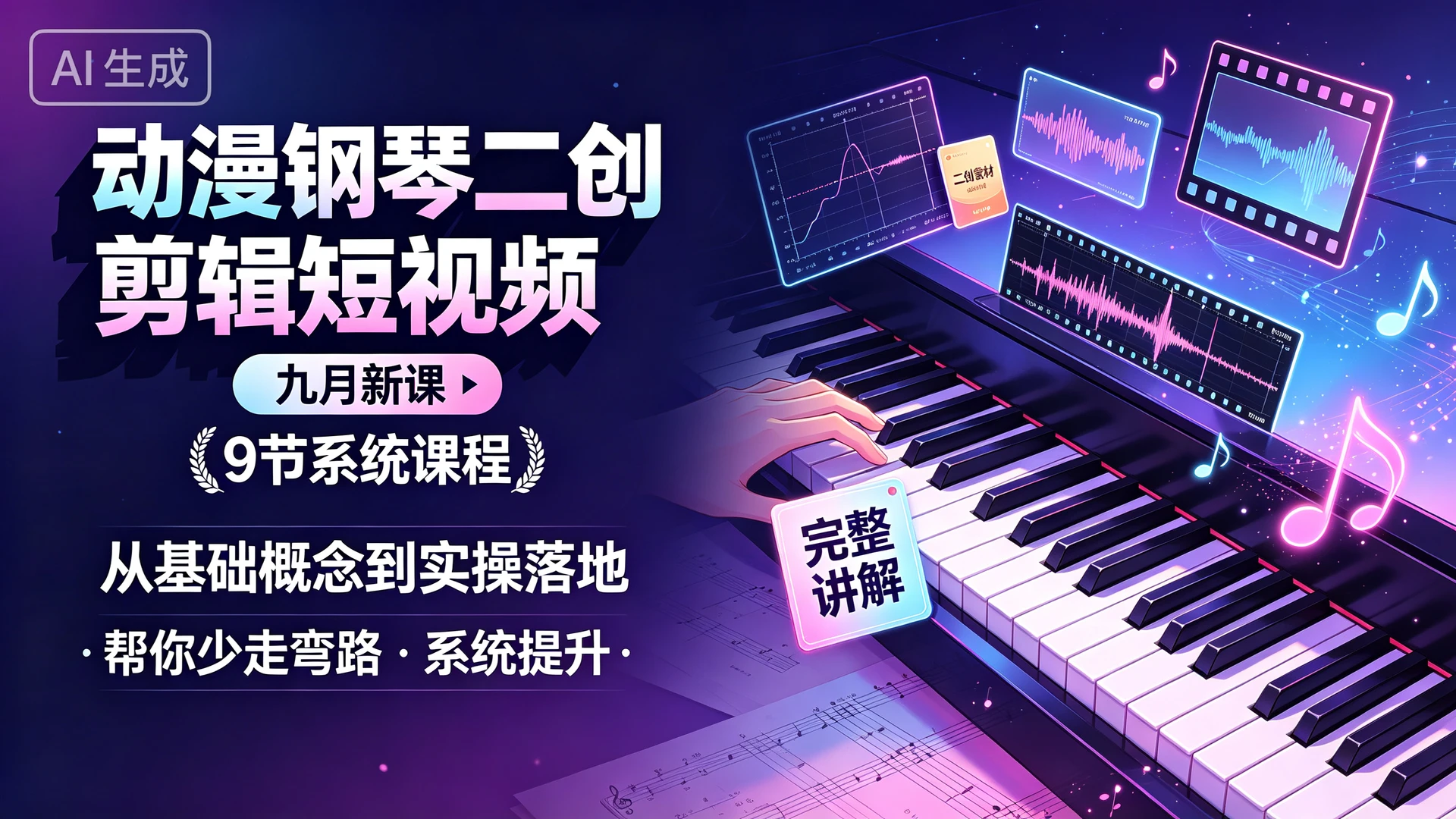 动漫钢琴二创剪辑短视频 九月新课，9 节系统课程，从基础概念到实操落地完整讲解，帮你少走弯路系统提升