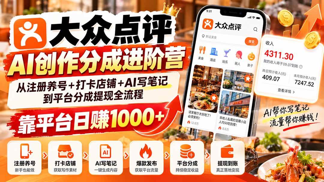 (20759期)大众点评AI创作分成进阶营:从注册养号+打卡店铺+AI写笔记到平台分成提现全流程,靠平台日赚1000+ (20759期)大众点评AI创作分成进阶营:从注册养号+打卡店铺+AI写笔记到平台分成提现全流程,靠平台日赚1000+