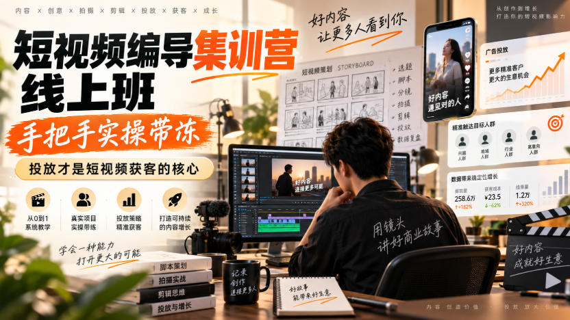 【精】短视频编导集训营线上班，手把手实操带冻，投放才是短视频获客的核心
