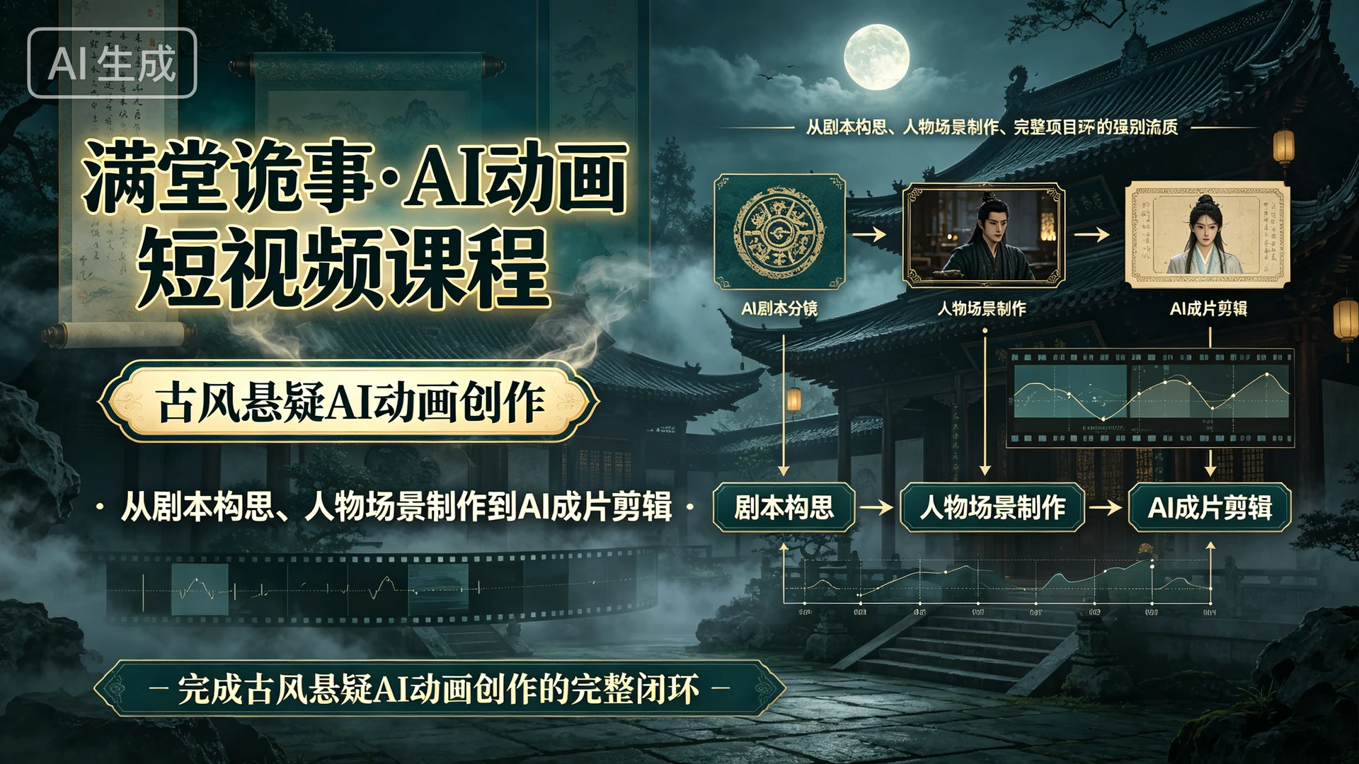 【精】满堂诡事・AI动画短视频课程，带你从剧本构思、人物场景制作到AI成片剪辑，完成古风悬疑AI动画创作的完整闭环