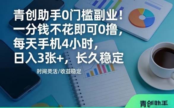 青创助手0门槛副业！一分钱不花即可0撸，每天手机4小时，日入3张+，长久稳定【揭秘】