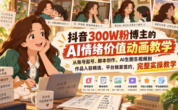 抖音300W粉博主的AI情绪价值动画教学，从账号起号、脚本创作、AI生图生视频到作品入驻精选、平台独家签约，完整实操