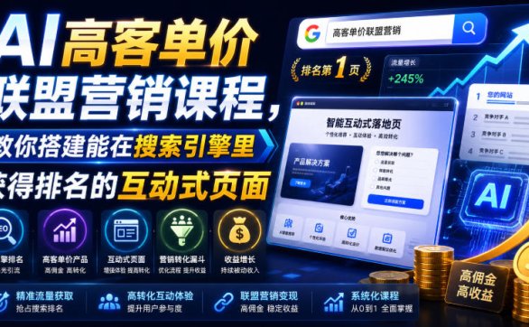 AI高客单价联盟营销课程,教你搭建能在搜索引擎里获得排名的互动式页面,引来流量,把访客转化为高佣金的成交【原创双语字幕】