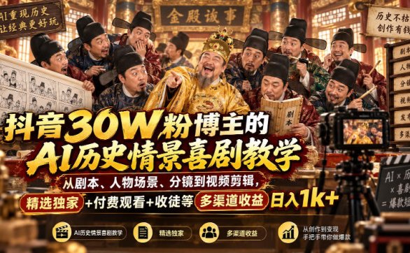 抖音30W粉博主的AI历史情景喜剧教学，从剧本、人物场景、分镜到视频剪辑，精选独家+付费观看+收徒等多渠道收益日入1k+