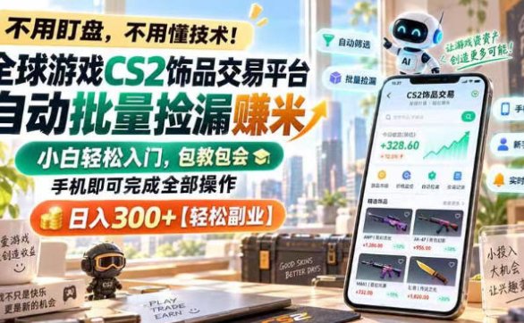 全球游戏CS2饰品交易平台自动批量捡漏賺米，小白轻松入门，包教包会，手机即可完成全部操作，日入300+【揭秘】