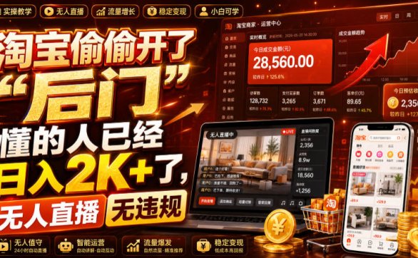 淘宝偷偷开了“后门”,懂的人已经日入2K+了,无人直播无违规,一台电脑=一家24小时营业的线上门店【揭秘】