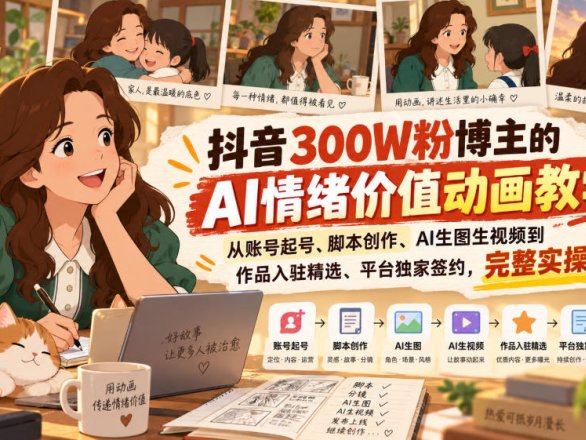抖音300W粉博主的AI情绪价值动画教学，从账号起号、脚本创作、AI生图生视频到作品入驻精选、平台独家签约，完整实操
