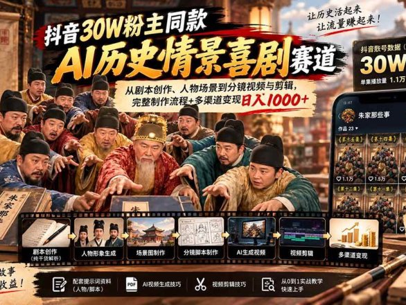 （20613期）抖音30W粉博主同款AI历史情景喜剧赛道：从剧本创作、人物场景到分镜视频与剪辑，完整制作流程+多渠道变现日入1000+