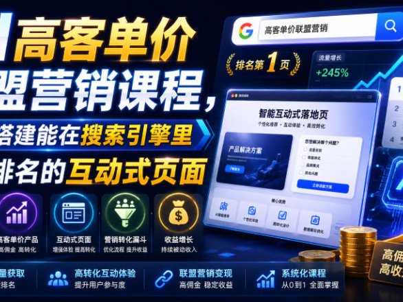 AI高客单价联盟营销课程,教你搭建能在搜索引擎里获得排名的互动式页面,引来流量,把访客转化为高佣金的成交【原创双语字幕】