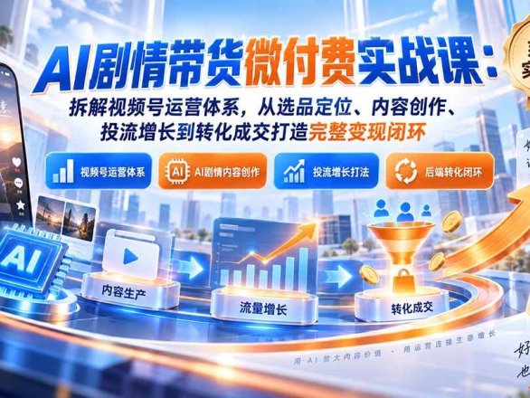 （20611期）AI剧情带货微付费实战课：拆解视频号运营体系，从选品定位、内容创作、投流增长到转化成交打造完整变现闭环