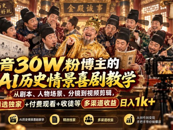 抖音30W粉博主的AI历史情景喜剧教学，从剧本、人物场景、分镜到视频剪辑，精选独家+付费观看+收徒等多渠道收益日入1k+